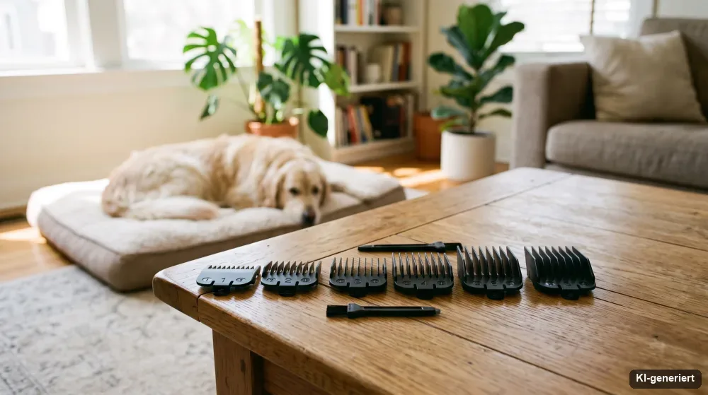 Aufsteckkämme in verschiedenen Größen neben einem wartenden Hund