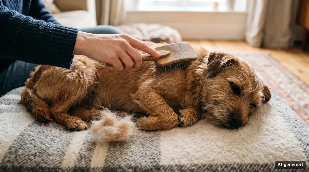 Hund wird auf einer Decke gebürstet, ausgekämmte Unterwolle daneben