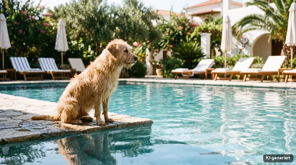 Hund sitzt am Rand eines Hotelpools im Sonnenlicht