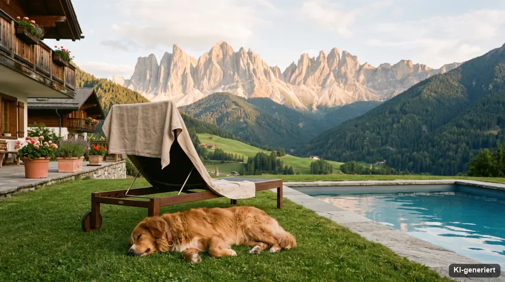 Hund auf einer Liegewiese neben einem Pool vor Bergkulisse