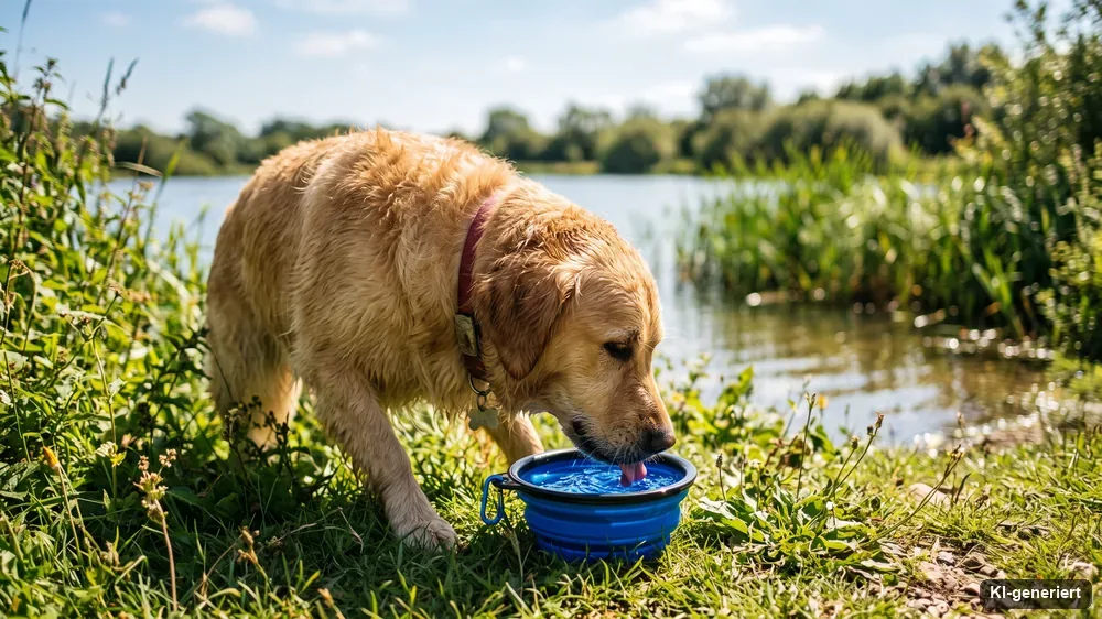 Hund trinkt aus einem faltbaren Reisenapf am Ufer eines Sees