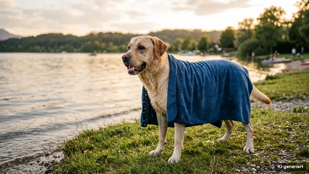 Nasser Labrador mit einem Handtuch über dem Rücken am Ufer eines Sees