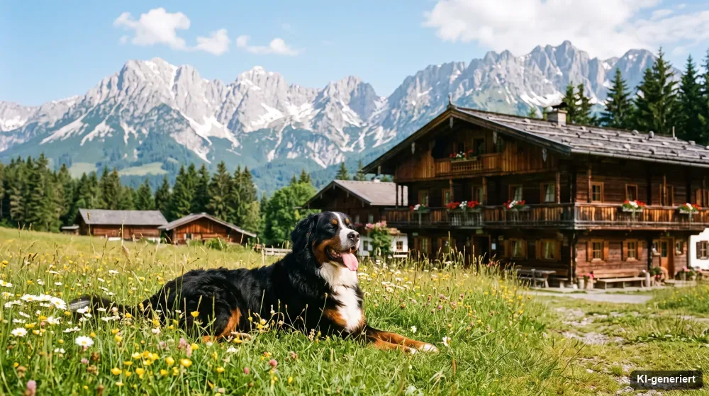 Hund liegt vor Alpenpanorama auf einer Wiese neben einer Berghütte