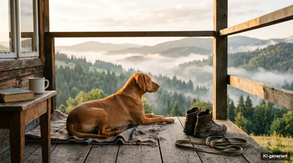 Hund auf dem Balkon einer Ferienunterkunft mit Blick auf bewaldete Hügel