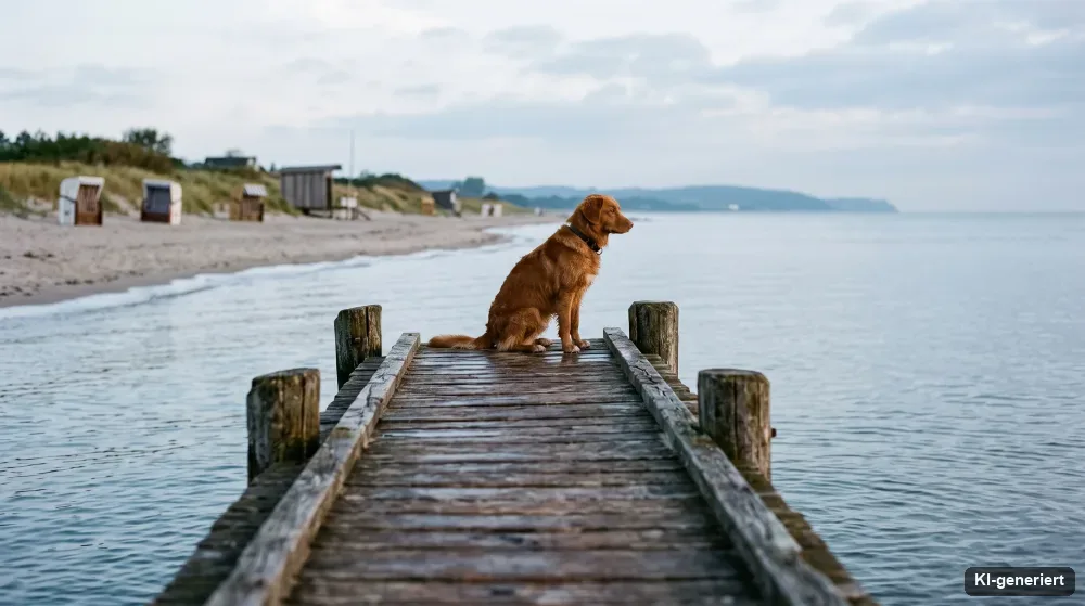 Hund sitzt auf einem Steg an der Ostsee im Morgenlicht