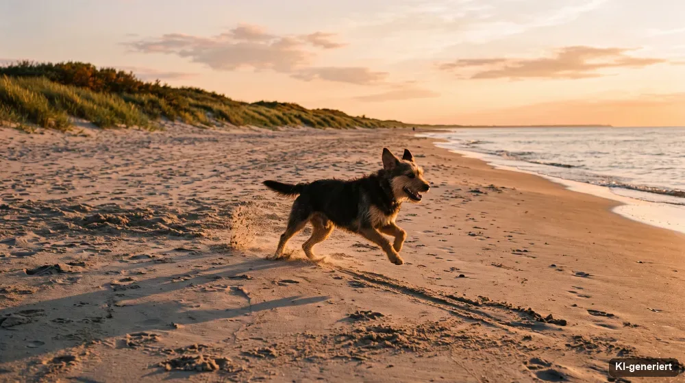 Hund rennt bei Sonnenuntergang über einen weiten Ostseestrand