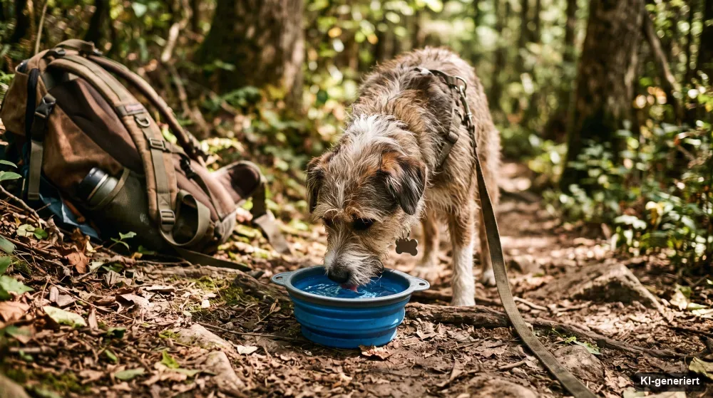 Faltbarer Silikonnapf auf einem Wanderweg, Hund trinkt daraus