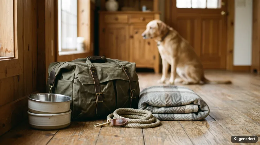 Zwei stapelbare Reisenäpfe neben einer gepackten Hundetasche