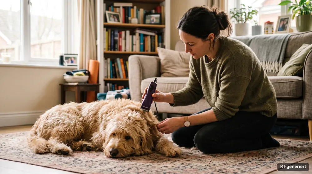 Hund wird zu Hause im Wohnzimmer vorsichtig geschoren