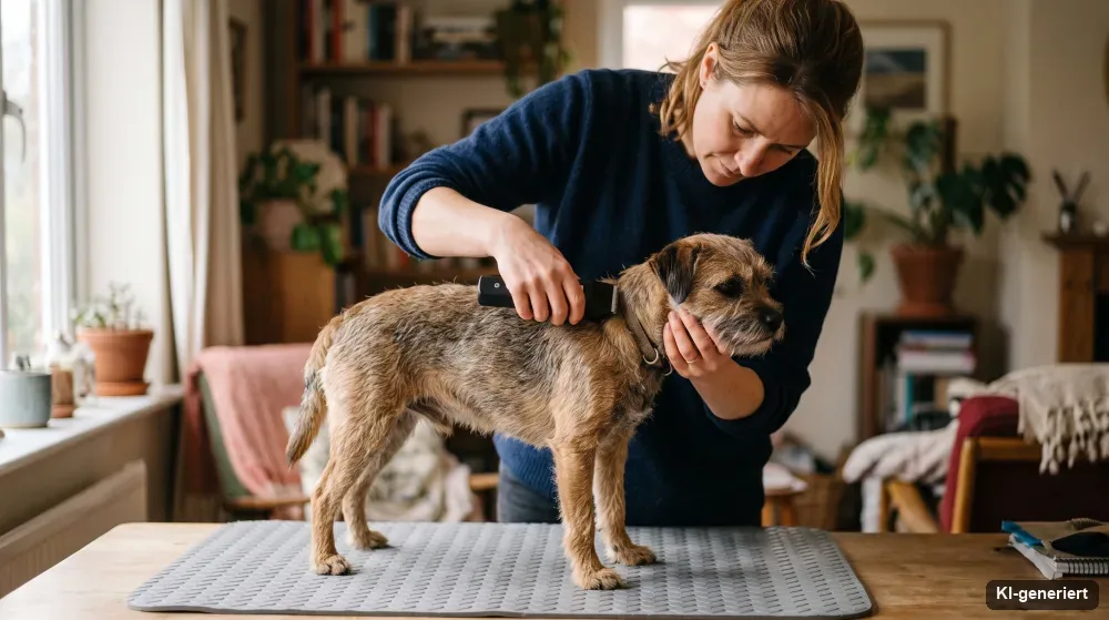 Ruhiger Hund wird auf einer Matte mit einer Akku-Schermaschine geschoren