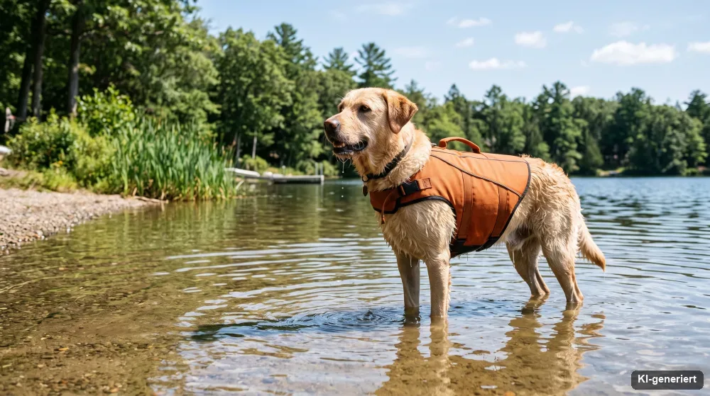 Hund mit Schwimmweste steht im flachen Wasser eines Sees