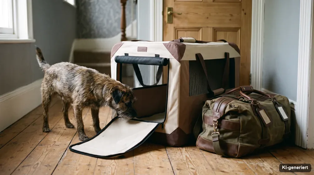 Zusammenklappbare Transportbox steht offen im Flur, Hund schnuppert hinein