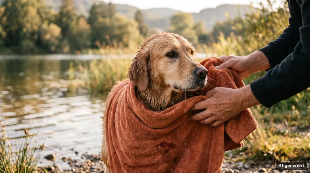 Nasser Hund wird nach dem Baden in ein großes Handtuch gewickelt