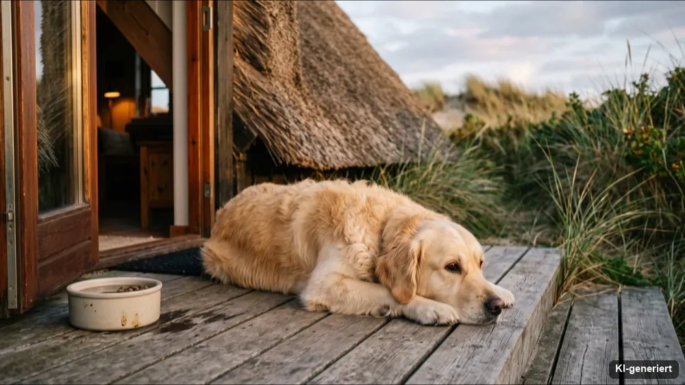 Hund liegt entspannt auf der Terrasse eines Ferienhauses an der Nordsee