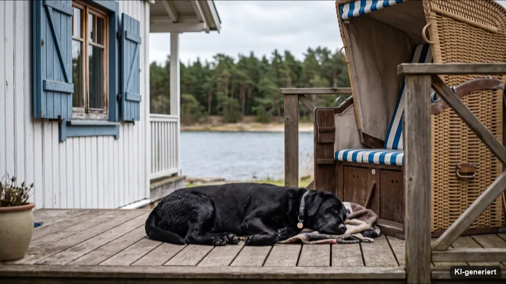 Hund ruht neben einem Strandkorb auf der Veranda einer Ferienwohnung an der Ostsee