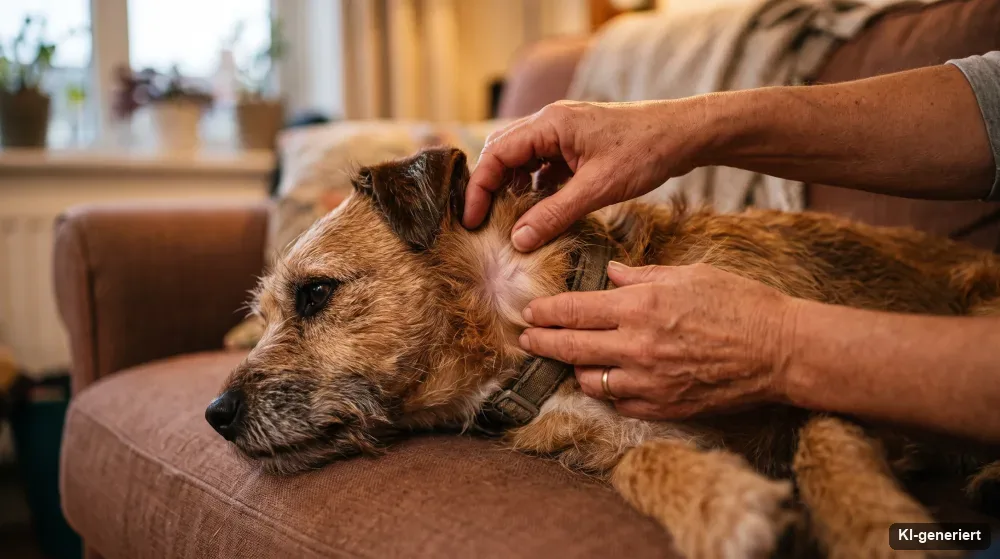 Fell eines Hundes wird nach dem Spaziergang nach Zecken abgesucht