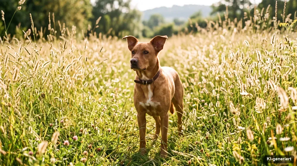 Hund mit schlichtem Halsband steht im hohen Sommergras