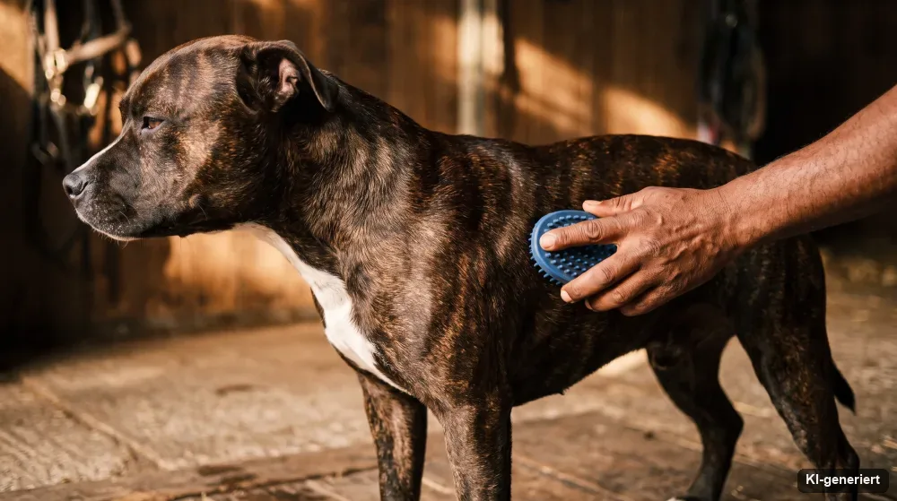 Kurzhaariger Hund wird mit einer Gumminoppen-Bürste gestriegelt